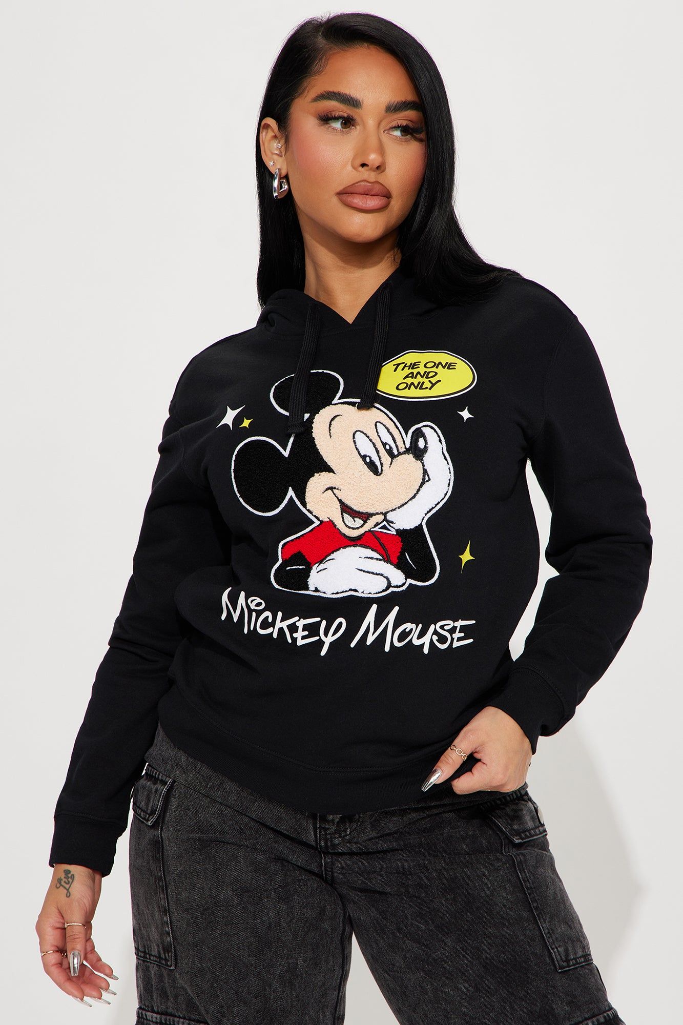 Mickey Mouse Chenille Patch Hoodie - Black sold by Fashion Nova
