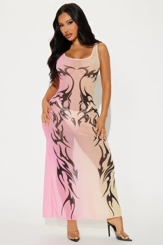 Tatianna Tattoo Mesh Cover Up Maxi Dress - Pink/combo made by Fashion Nova