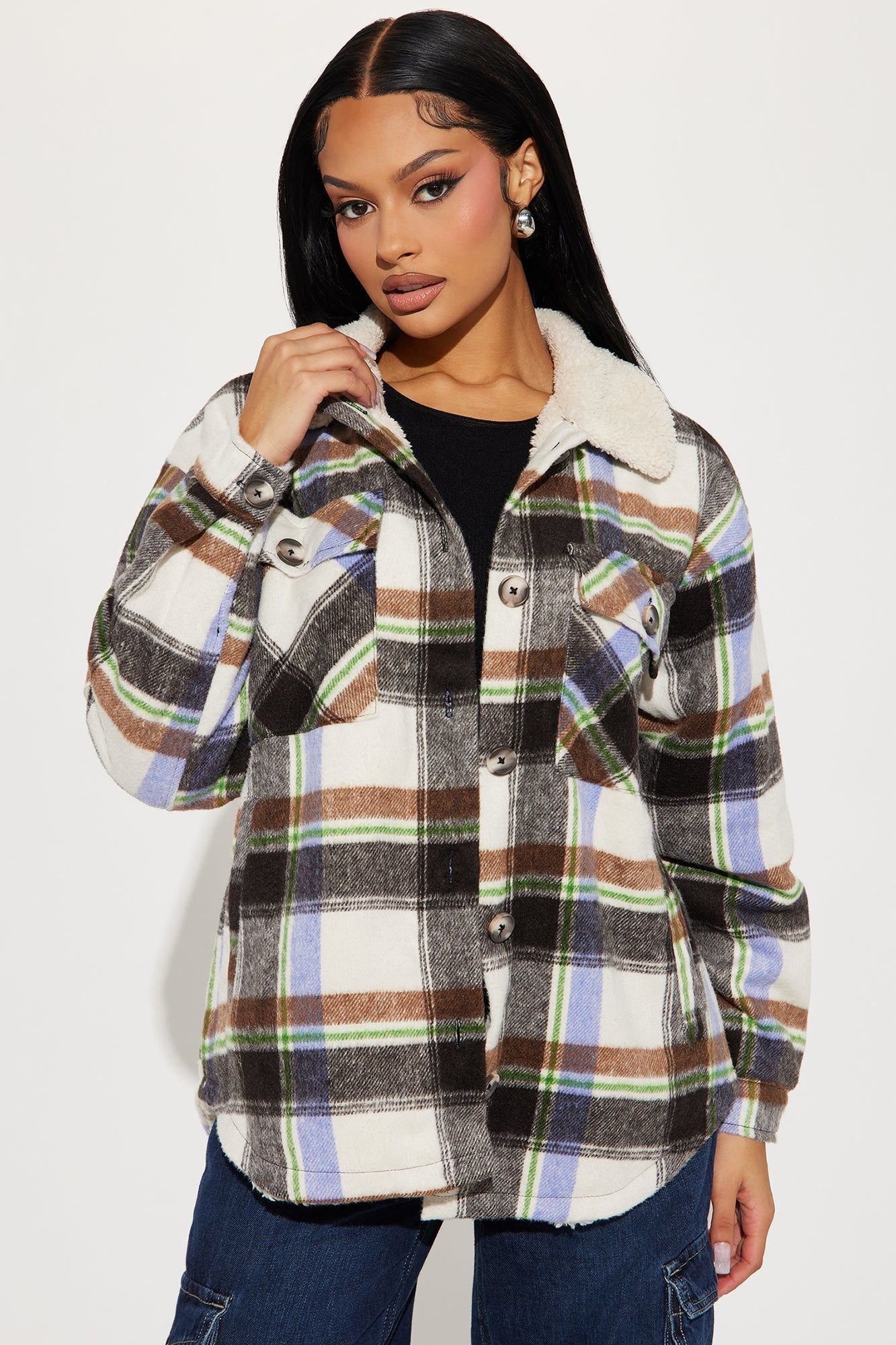 Down The Line Plaid Shacket - Purple/combo sold by Fashion Nova