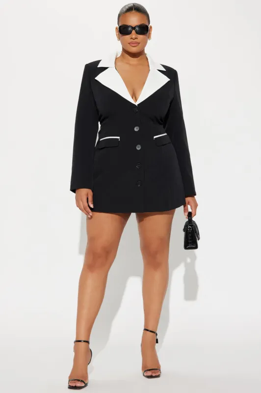 Too Important Blazer Mini Dress - Black/White sold by Fashion Nova