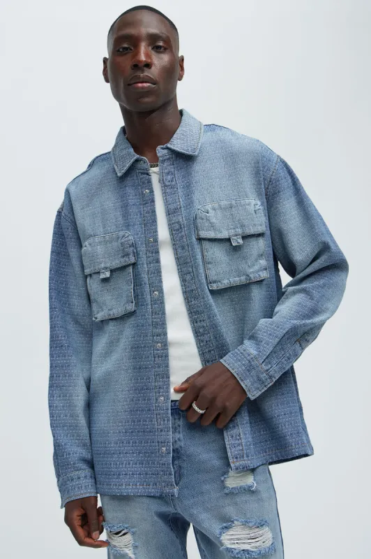 Abel Textured Button Up Shirt - Light Wash sold by Fashion Nova