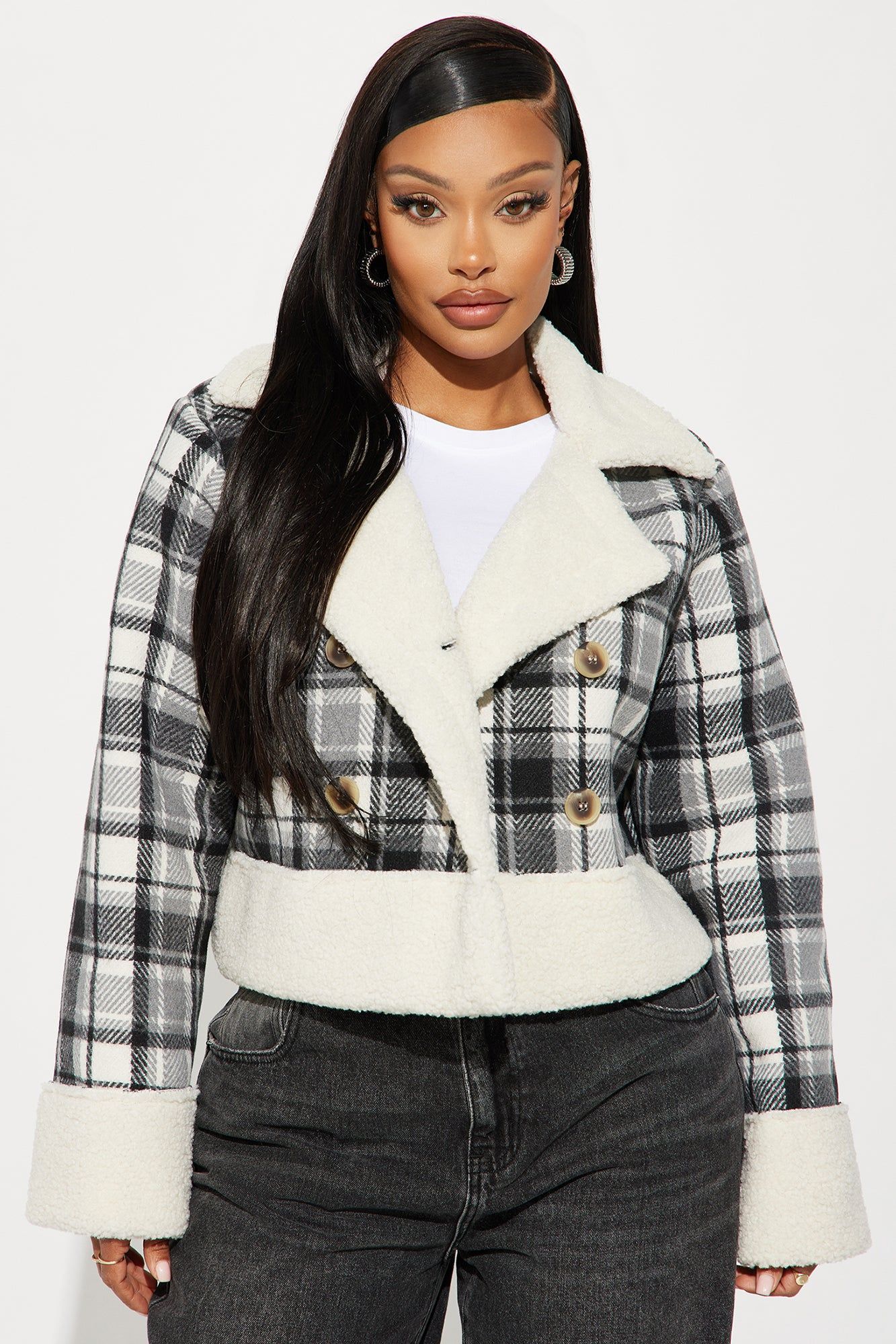 Feels Like Home Sherpa Jacket - Black/combo sold by Fashion Nova