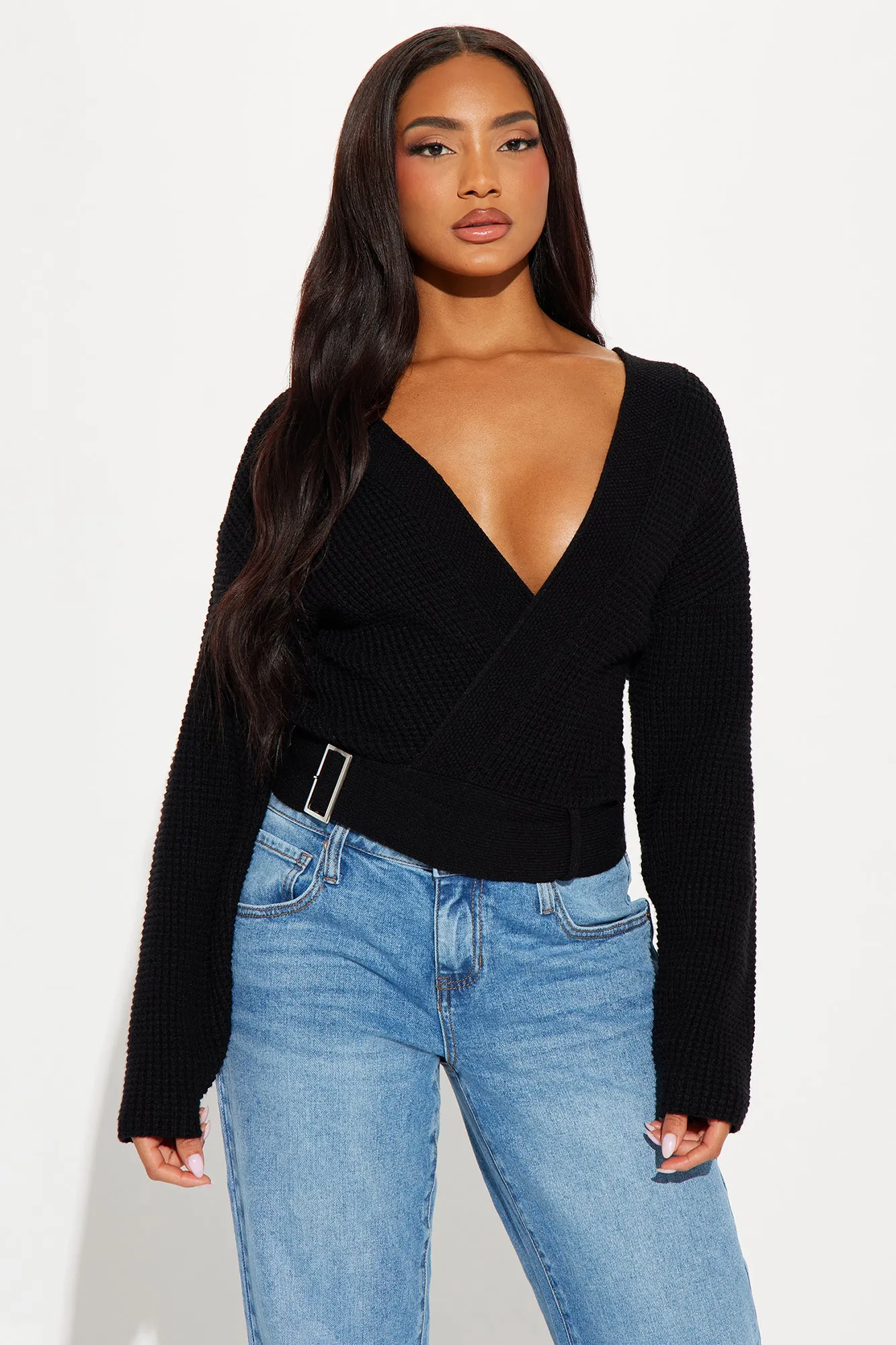 Falling In Love Surplice Sweater - Black sold by Fashion Nova