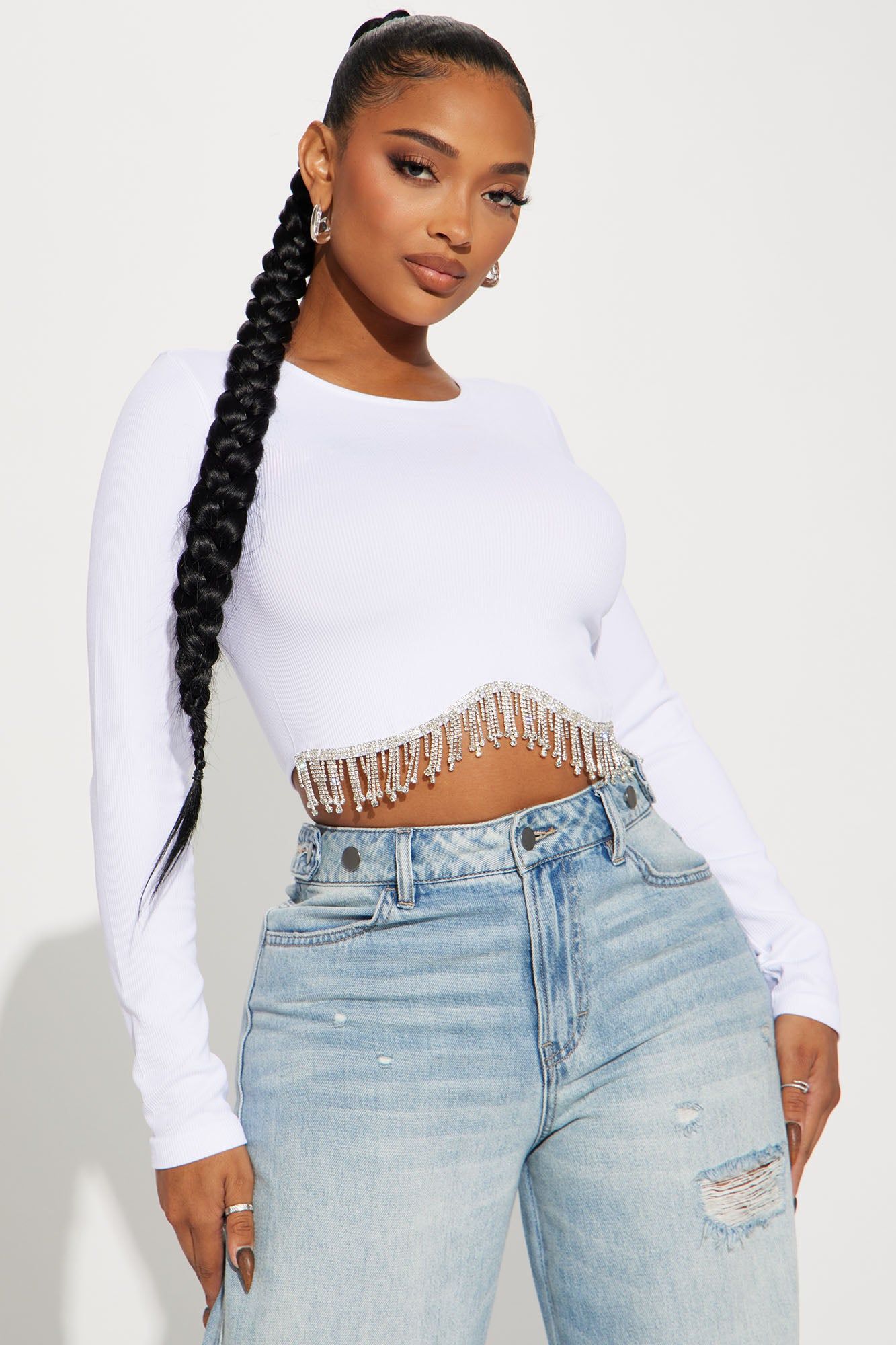 Rina Rhinestone Long Sleeve Top - White sold by Fashion Nova
