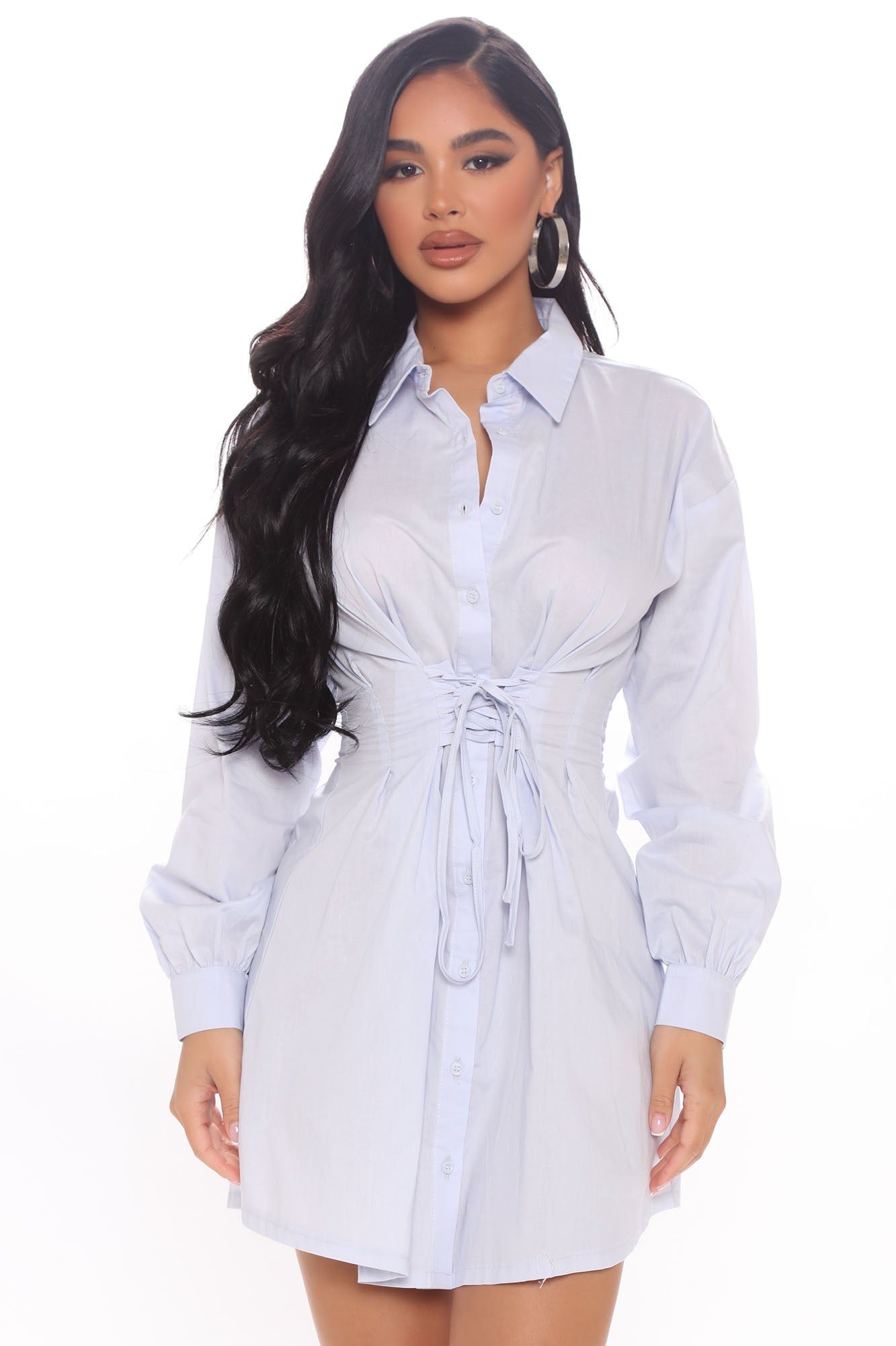 Jaelyn Shirt Dress - Light Blue sold by Fashion Nova