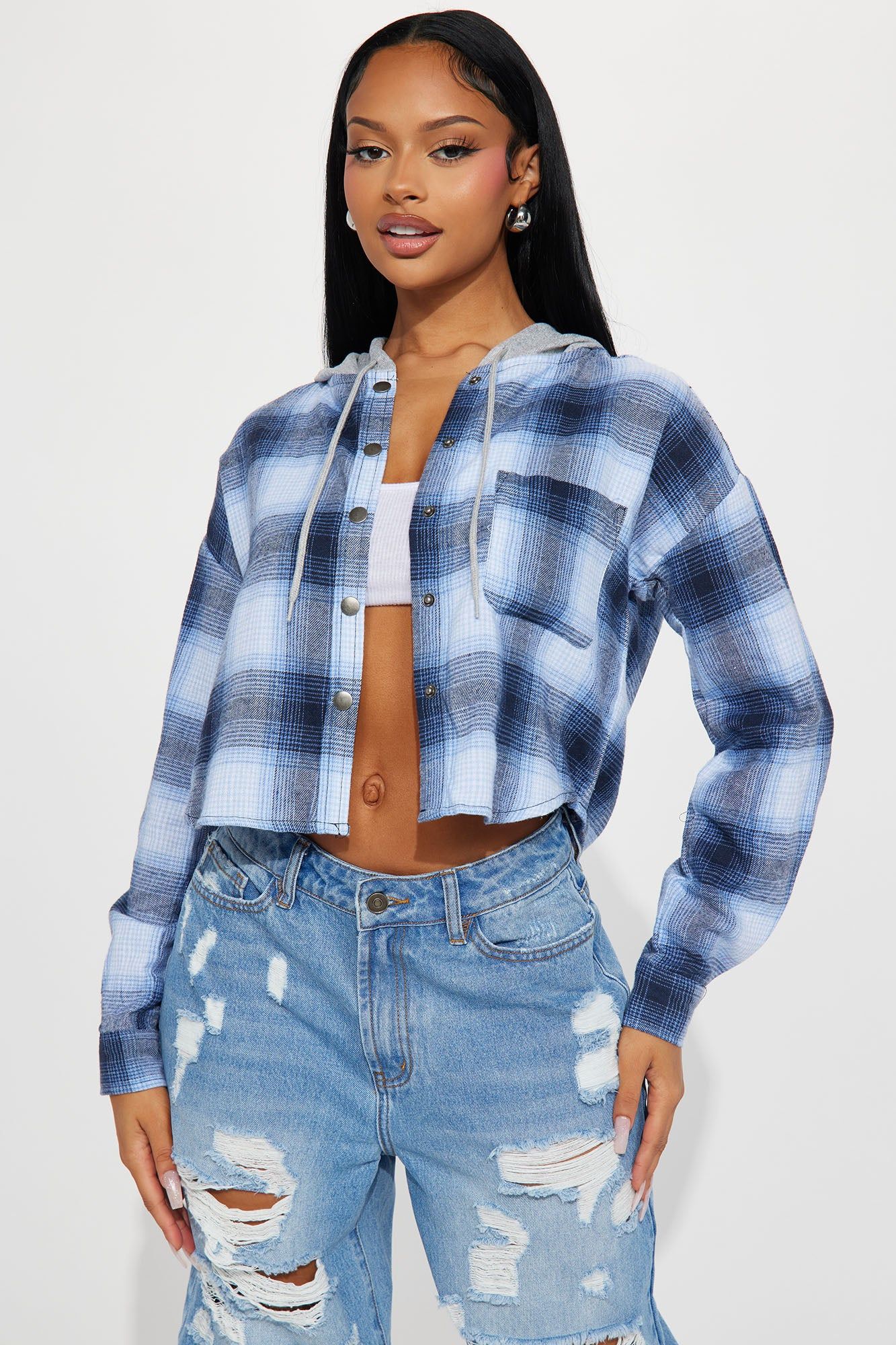 Fearless Cropped Plaid Shirt - Blue/combo sold by Fashion Nova