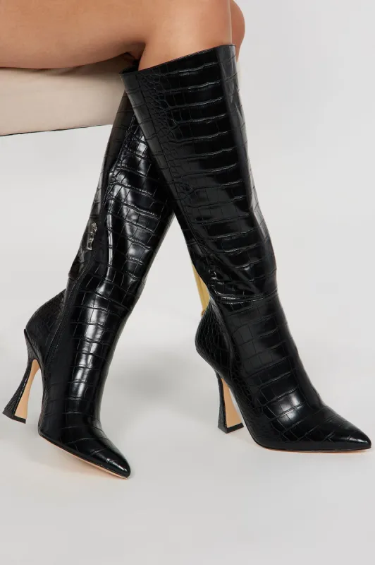 Miss The Moment Knee High Heeled Boots - Black sold by Fashion Nova