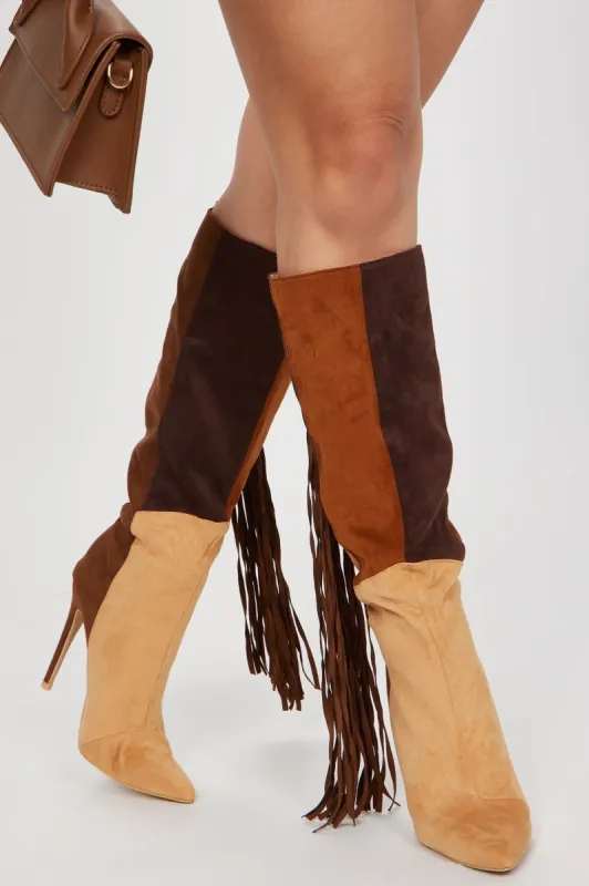 Very Inspired Knee High Fringe Boots - Multi Color sold by Fashion Nova