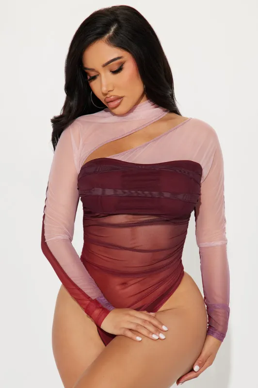 Keep You Around Mesh Bodysuit - Wine/combo sold by Fashion Nova