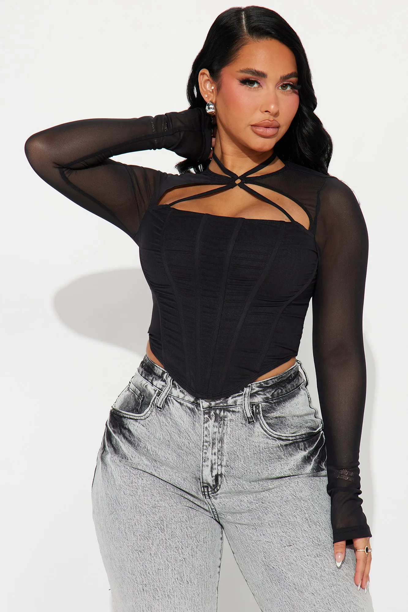 Mind Games Mesh Corset Top - Black sold by Fashion Nova