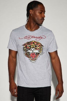 Ed Hardy Rhinestone Tiger Short Sleeve Tee - Heather Grey sold by Fashion Nova