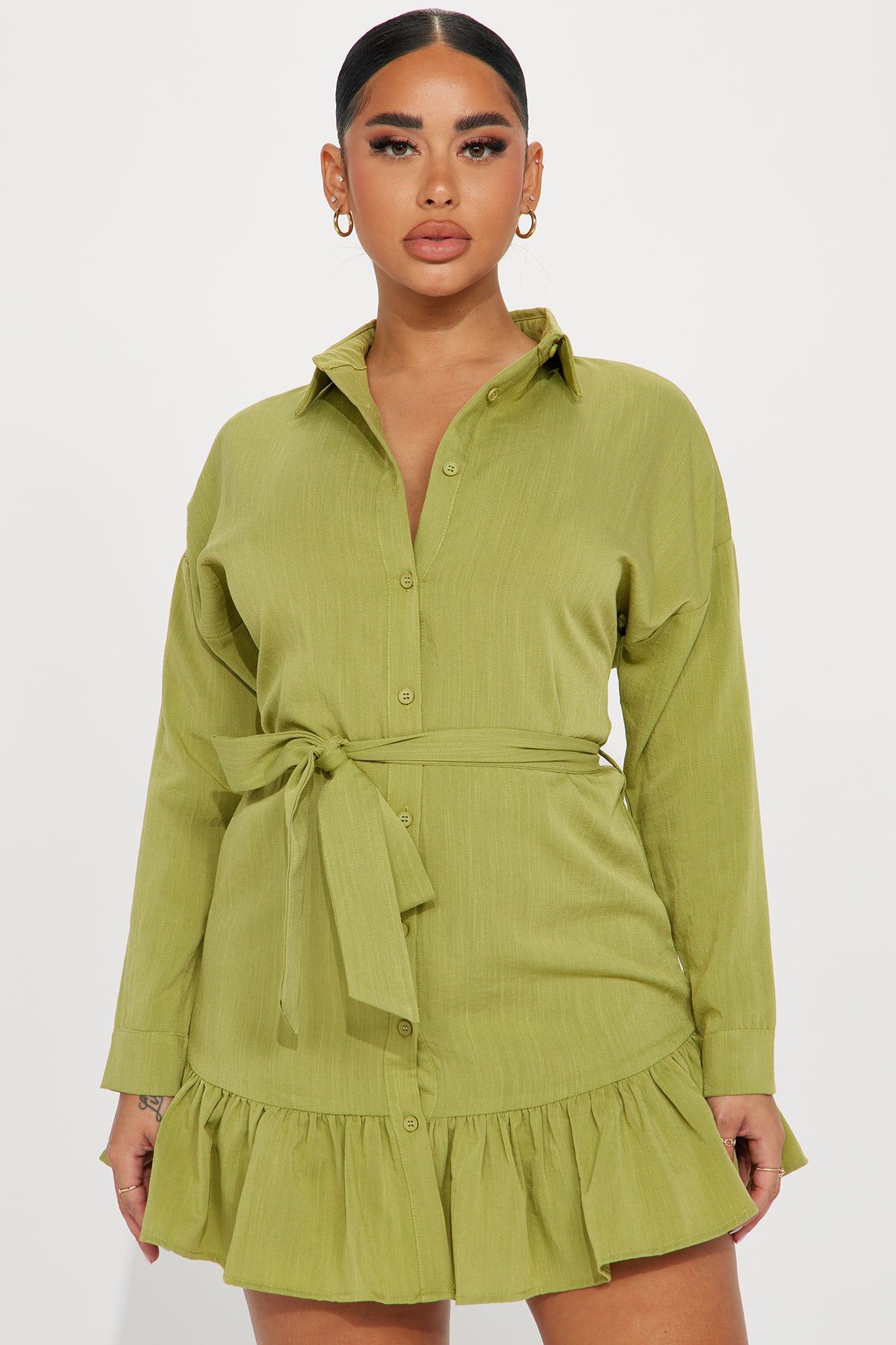 Ruffled Up Shirt Mini Dress - Chartreuse sold by Fashion Nova