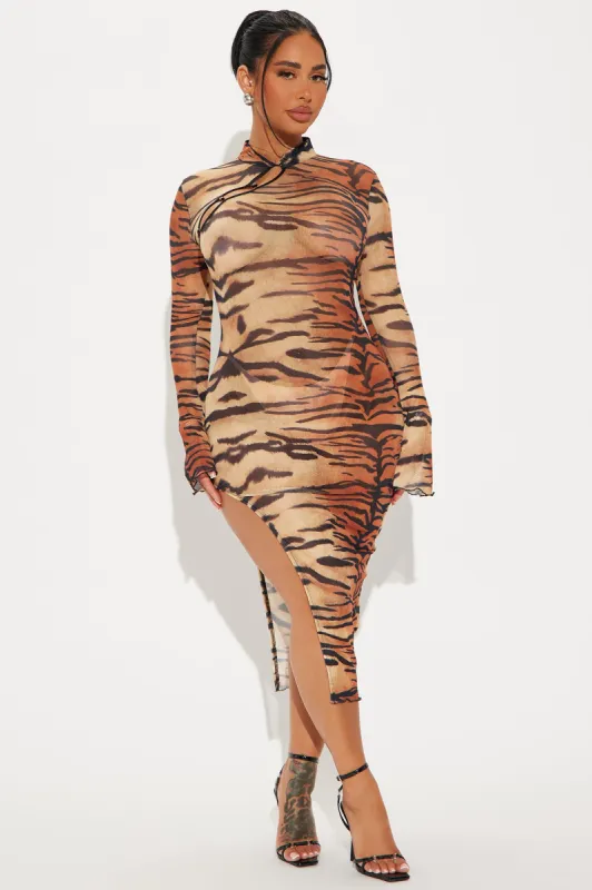 Can't Touch This Mesh Midi Dress - Brown/combo sold by Fashion Nova