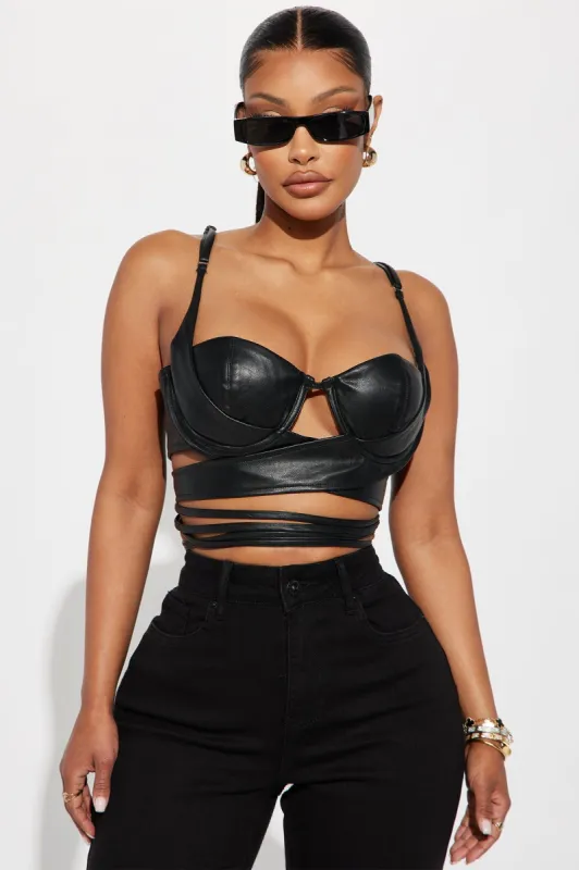 Baddie On Duty Faux Leather Top - Black sold by Fashion Nova