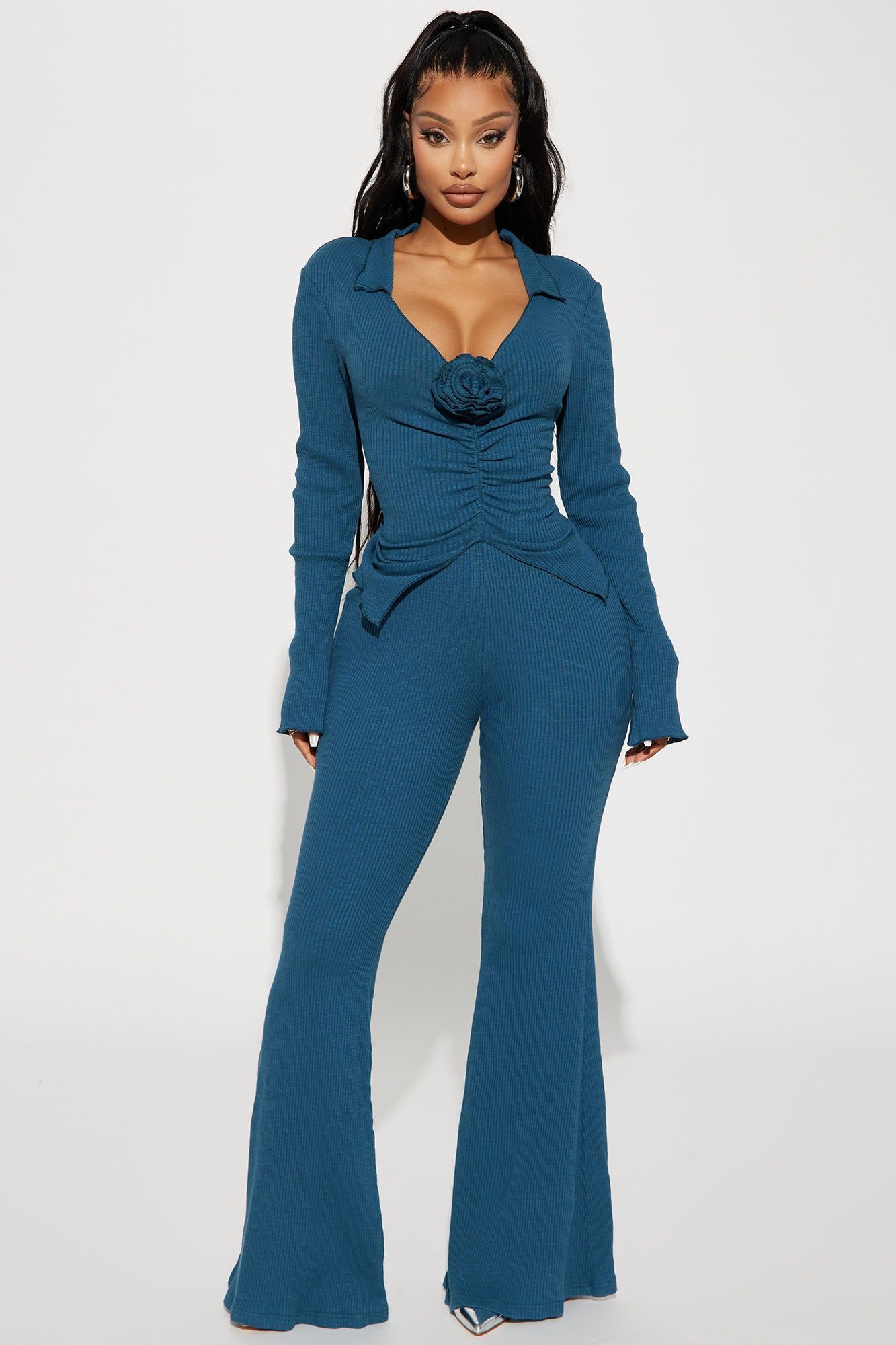 Lorenza Ribbed Pant Set - Teal sold by Fashion Nova