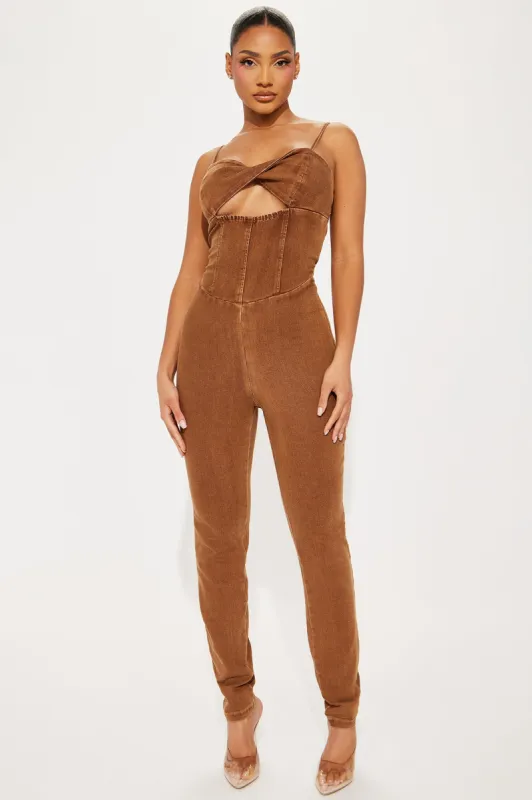 Rosabel Denim Jumpsuit - Brown sold by Fashion Nova