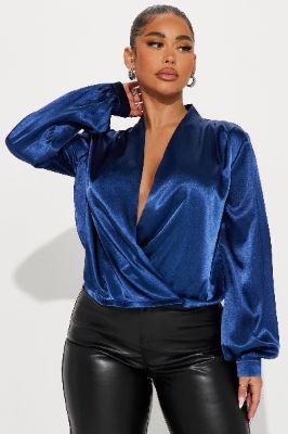Might Be Late Satin Blouse Top - Navy made by Fashion Nova