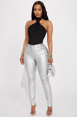 Midnight Talks Coated Faux Leather Pant - Silver sold by Fashion Nova
