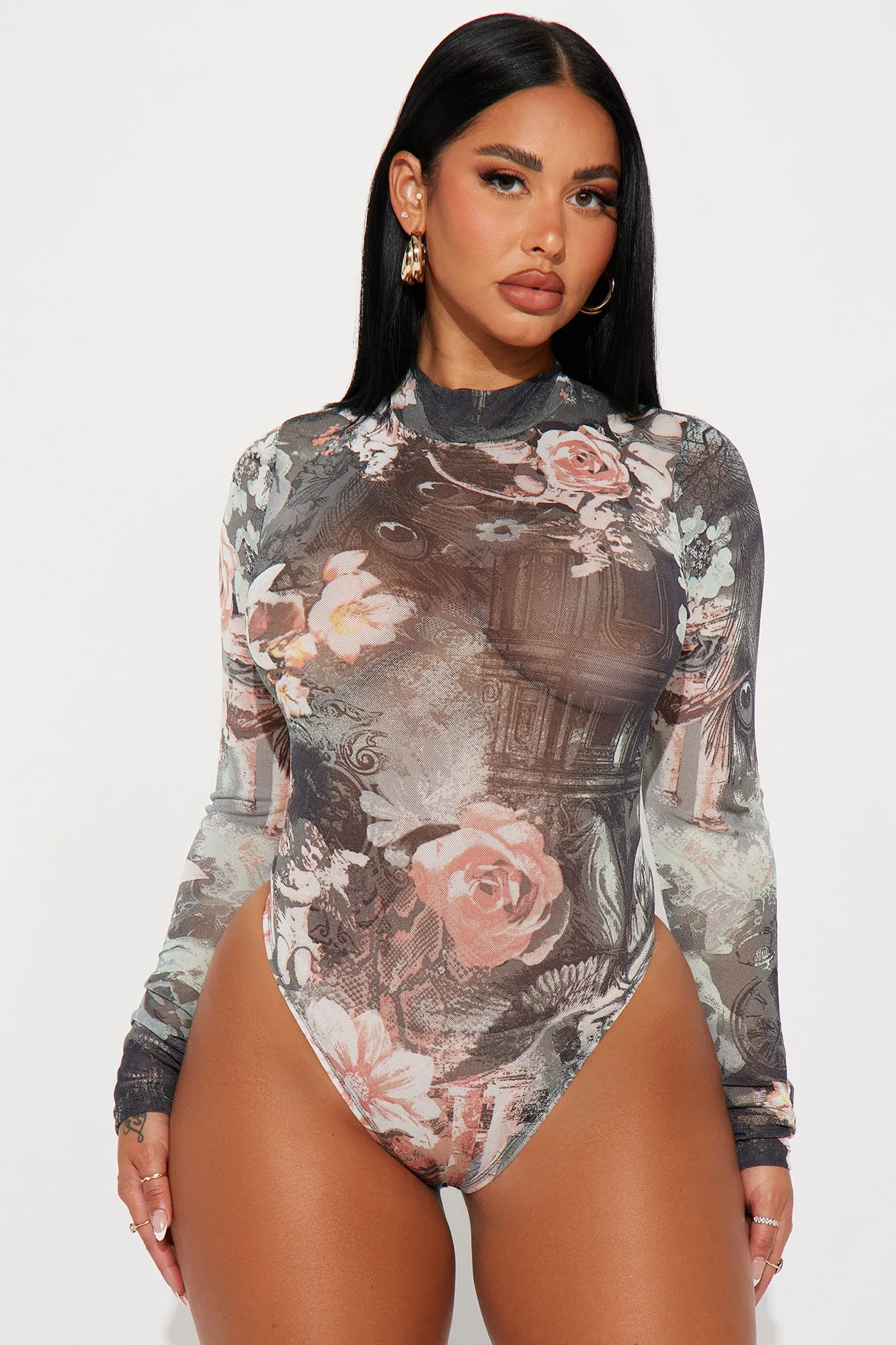 Marilyn Floral Mesh Bodysuit - Black/combo sold by Fashion Nova