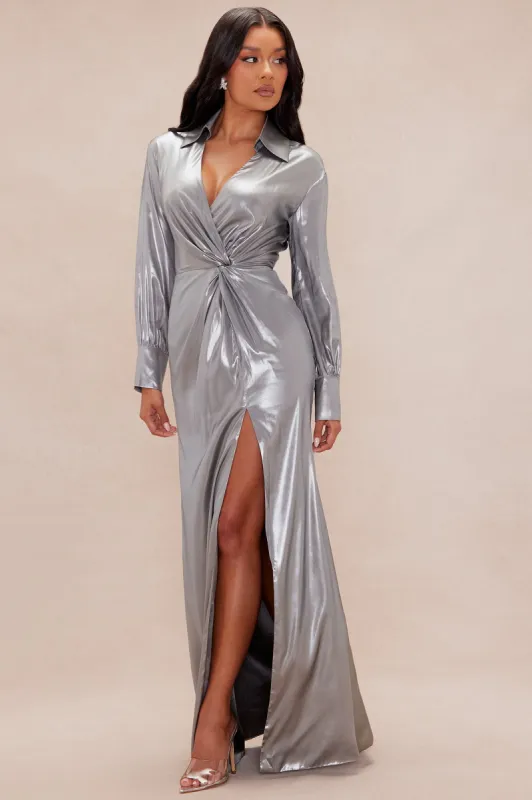 Andrea Metallic Maxi Dress - Silver sold by Fashion Nova