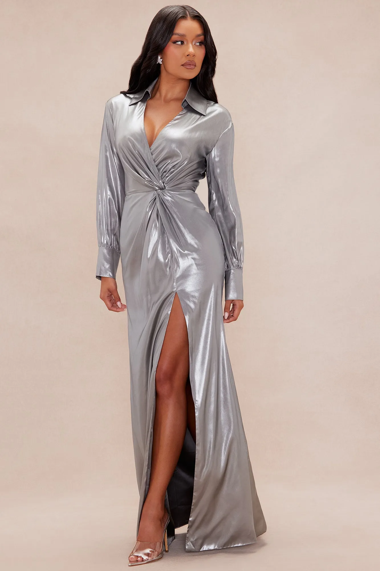 Andrea Metallic Maxi Dress - Silver sold by Fashion Nova