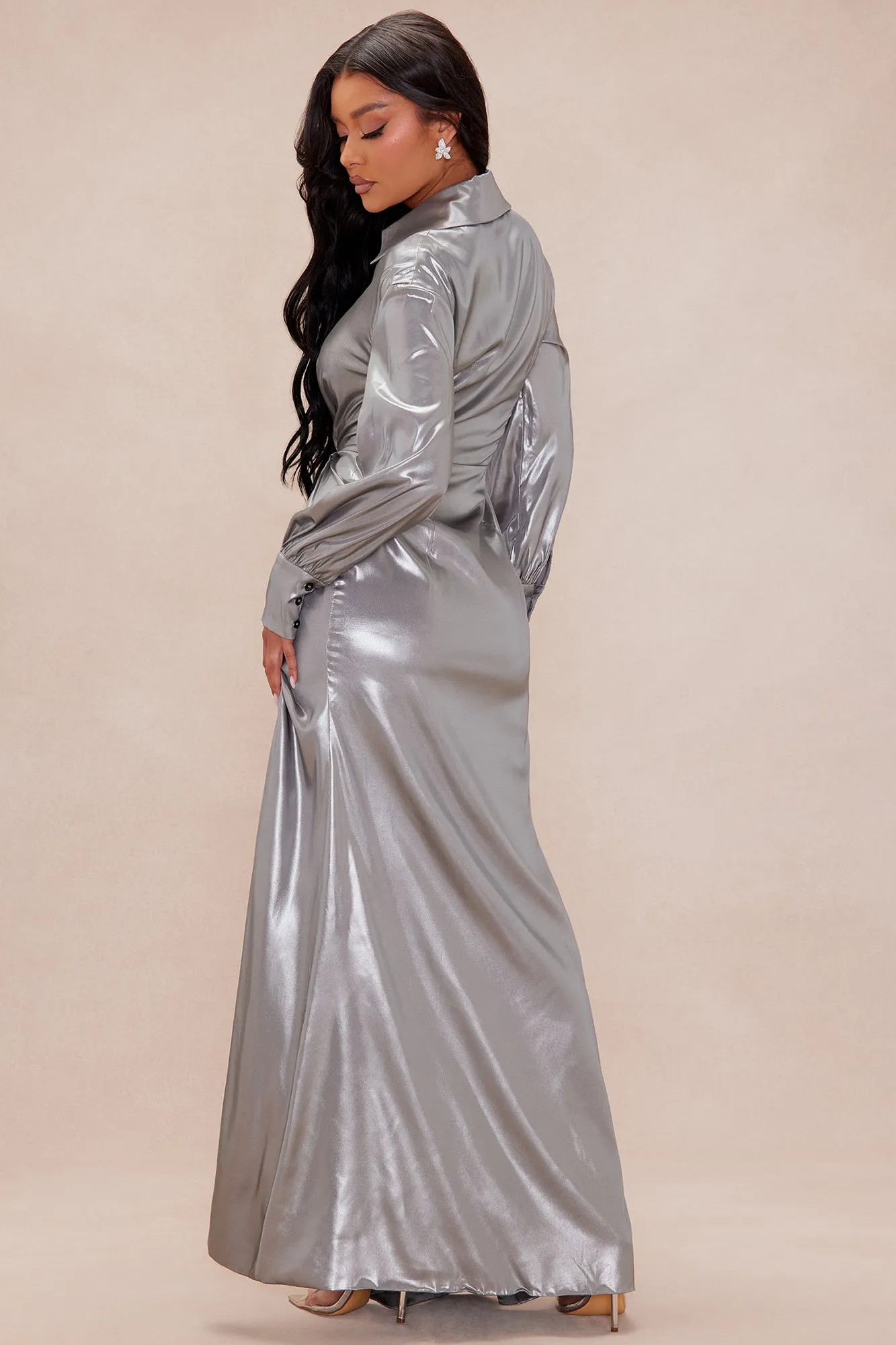 Andrea Metallic Maxi Dress - Silver sold by Fashion Nova product image thumbnail 4