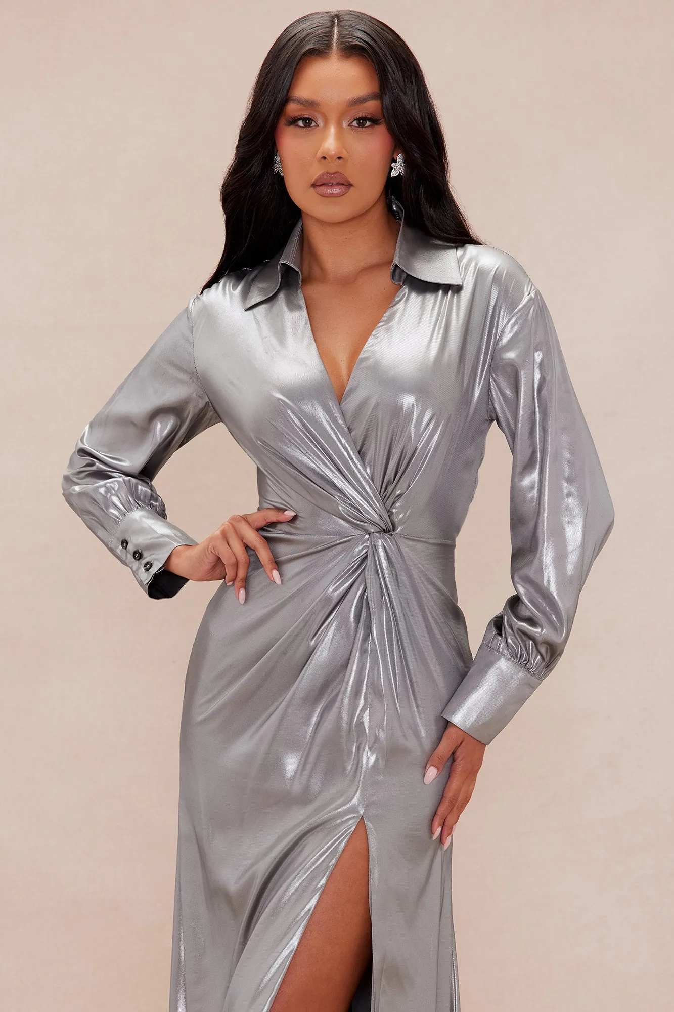 Andrea Metallic Maxi Dress - Silver sold by Fashion Nova product image thumbnail 2