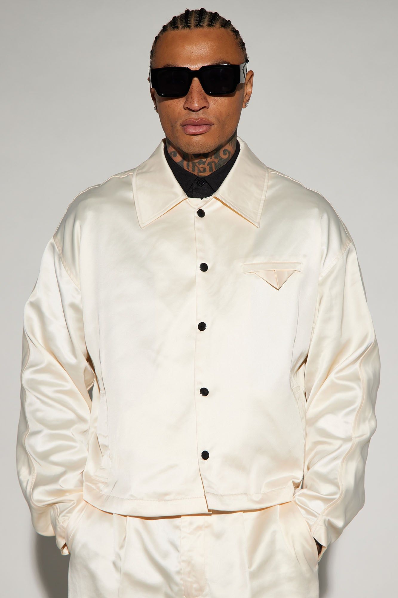 Florence Satin Cropped Jacket - Cream sold by Fashion Nova