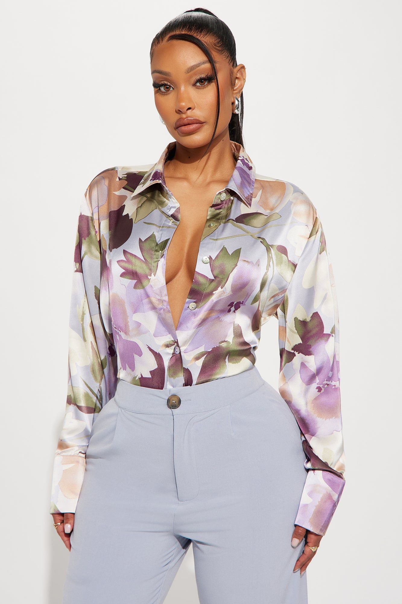 Lily Satin Shirt - Lavender/combo sold by Fashion Nova