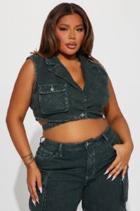 Billie Cargo Cropped Denim Vest - Green sold by Fashion Nova