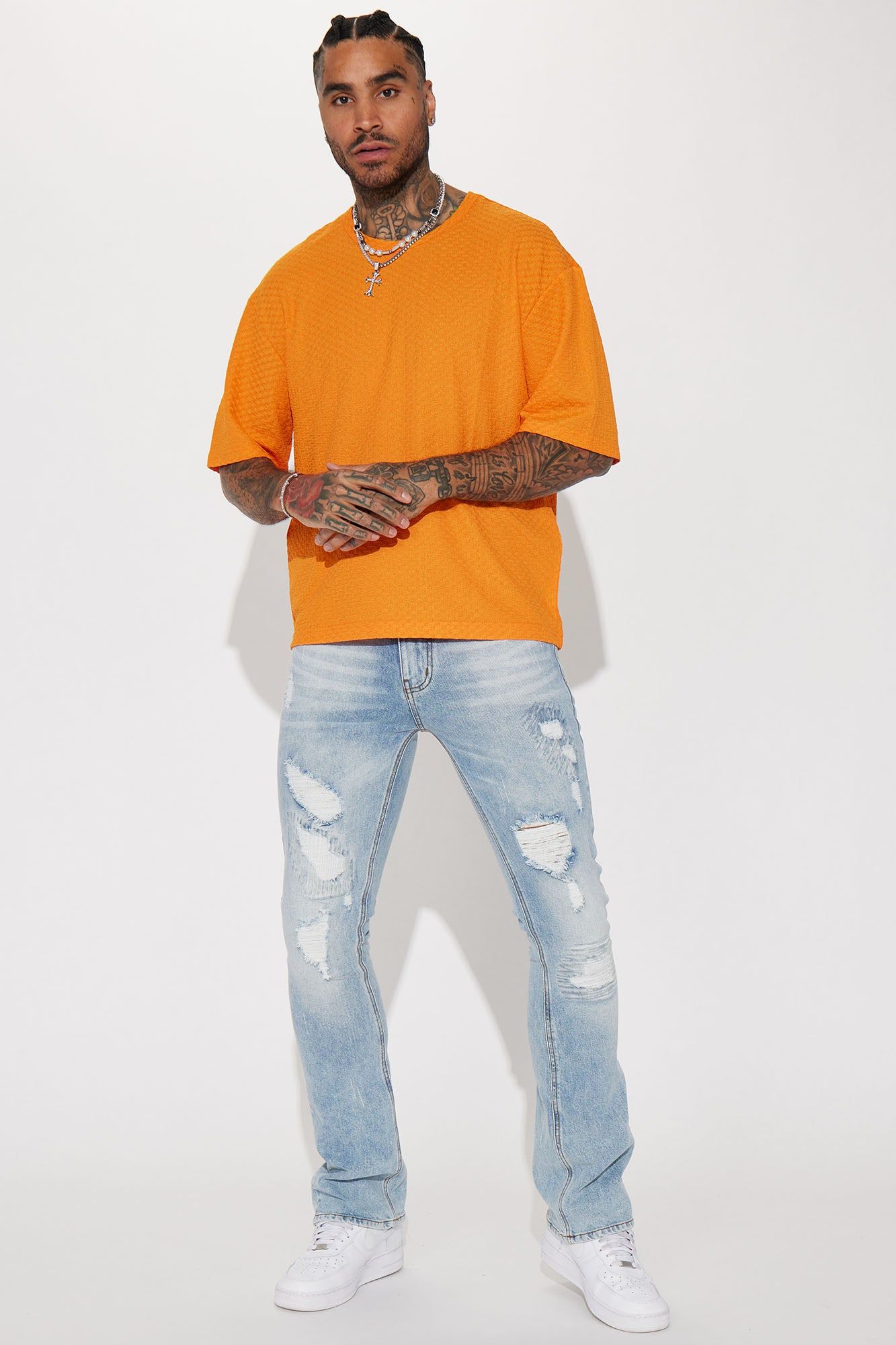 Come Up Ripped Stacked Skinny Flared Jeans - Vintage Blue Wash sold by Fashion Nova product image thumbnail 3