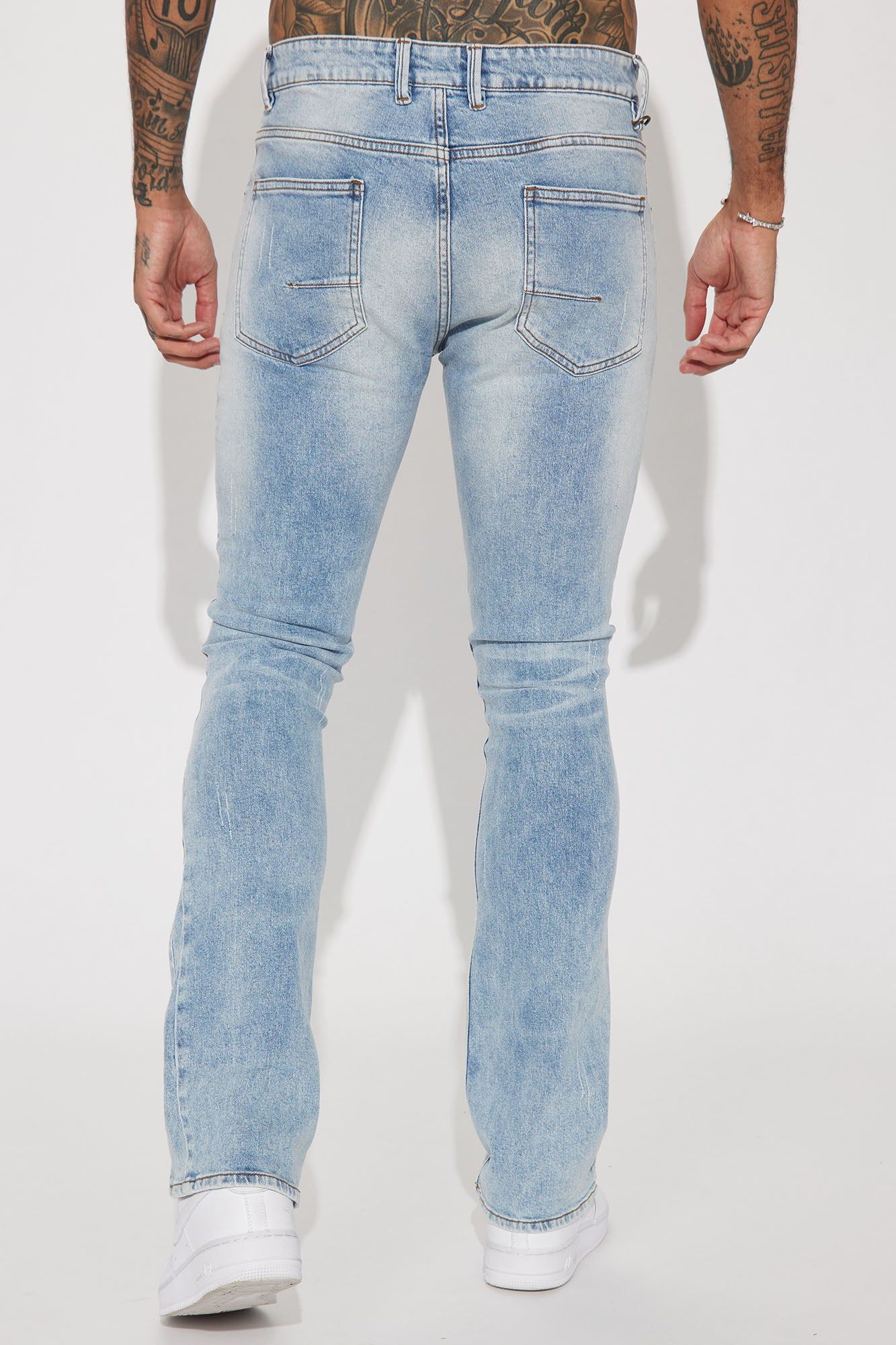 Come Up Ripped Stacked Skinny Flared Jeans - Vintage Blue Wash sold by Fashion Nova product image thumbnail 5