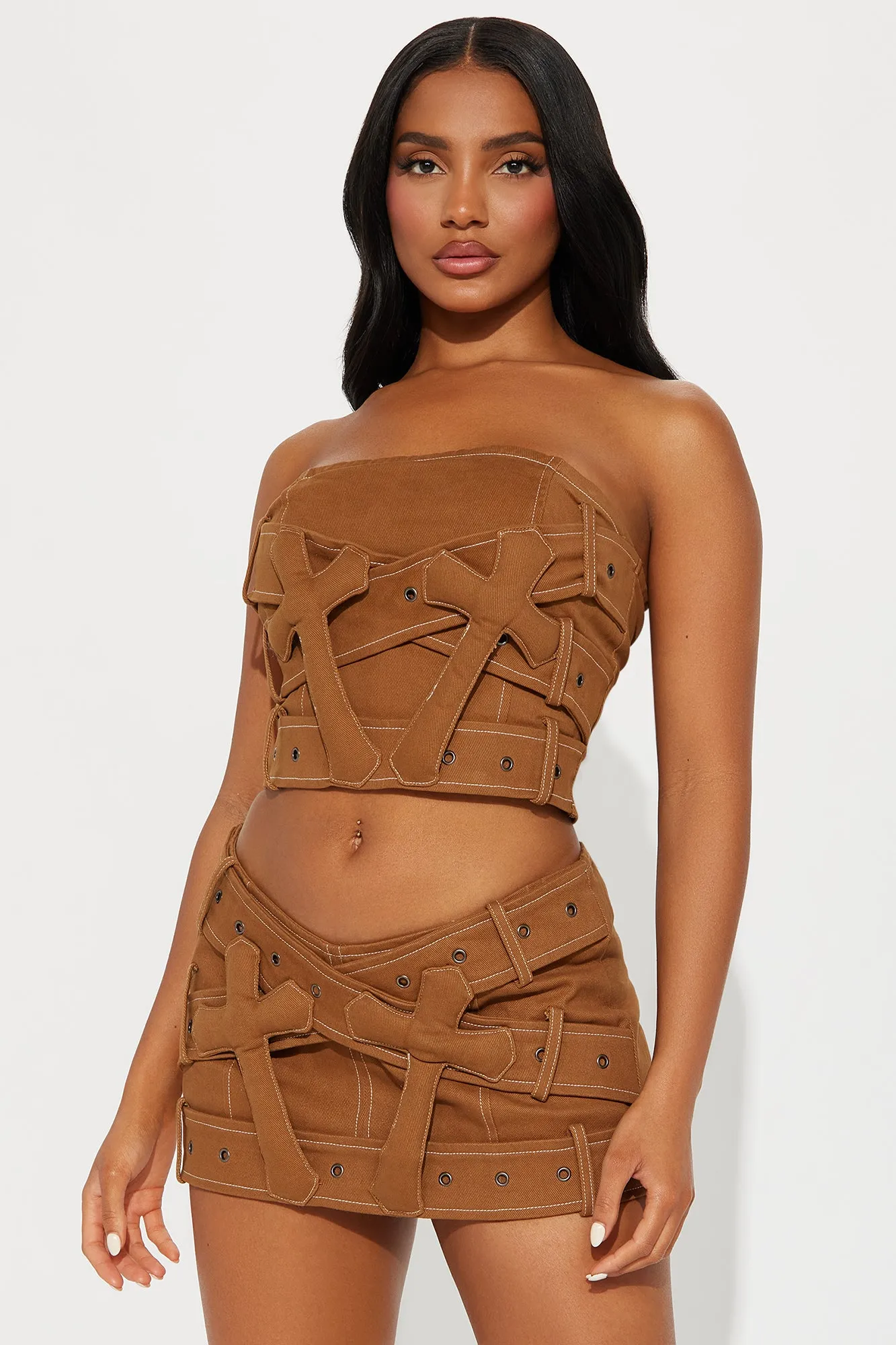 Sacred Time Micro Mini Skirt Set - Brown sold by Fashion Nova