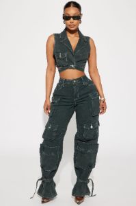 Billie Cargo Cropped Denim Vest - Green sold by Fashion Nova