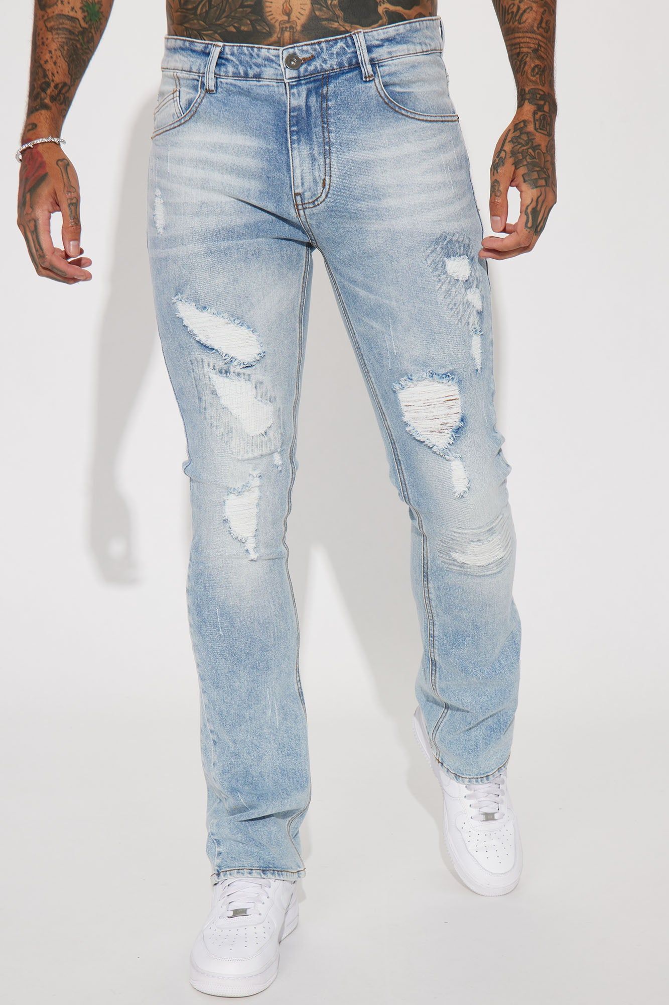 Come Up Ripped Stacked Skinny Flared Jeans - Vintage Blue Wash sold by Fashion Nova product image thumbnail 4