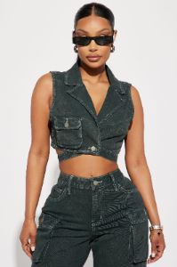 Billie Cargo Cropped Denim Vest - Green sold by Fashion Nova