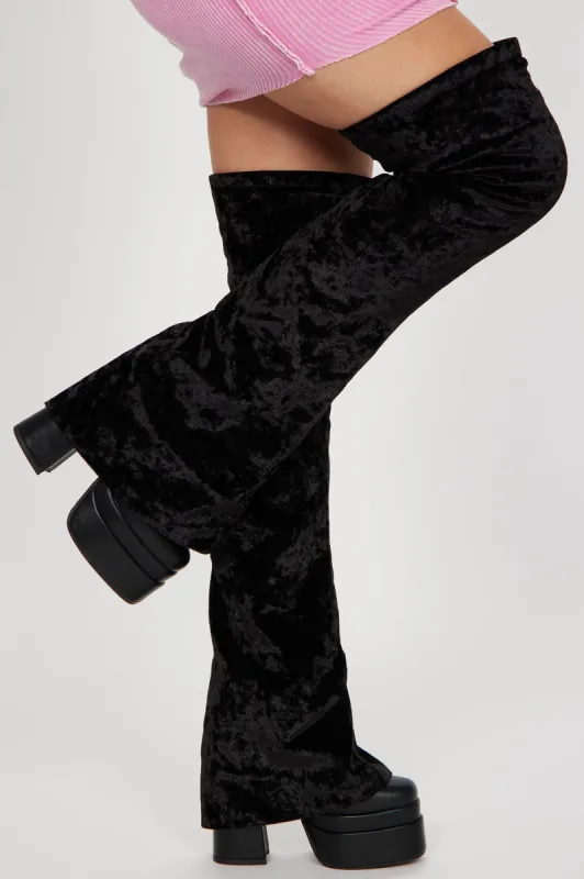 On My Way Out Velvet Boots - Black sold by Fashion Nova