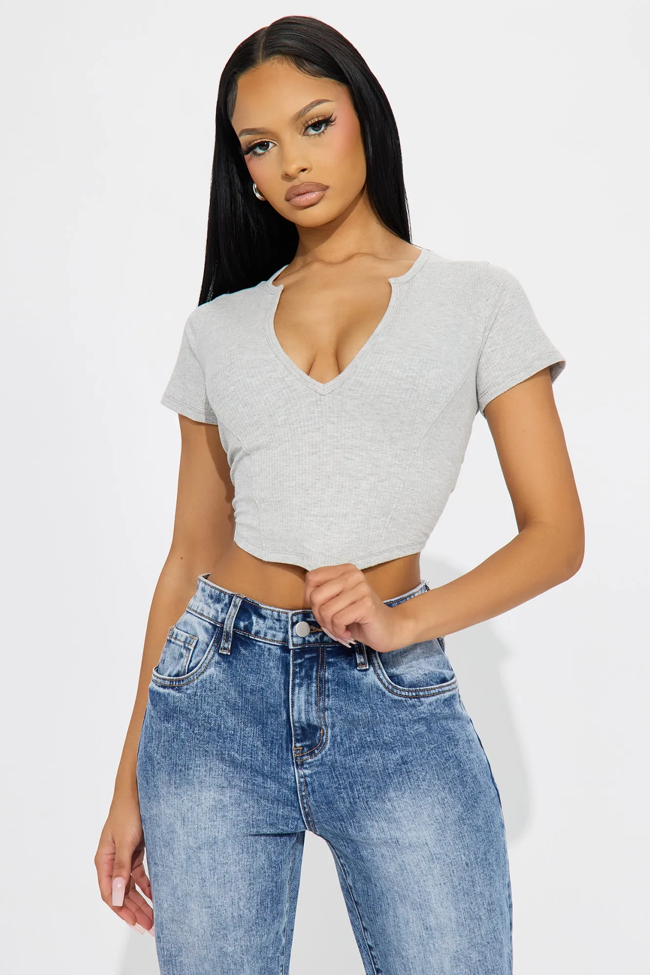 Valentina Plunge Crop Top - Heather Grey sold by Fashion Nova