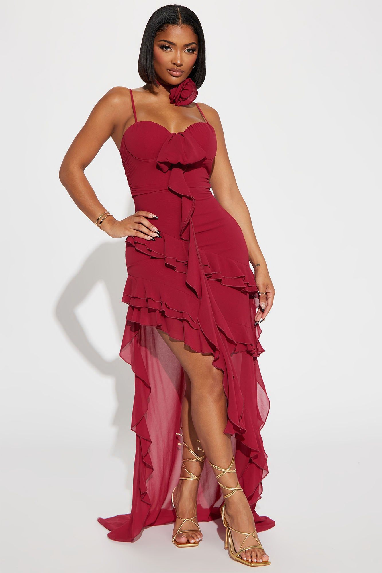 Karina Ruffle Maxi Dress - Wine sold by Fashion Nova