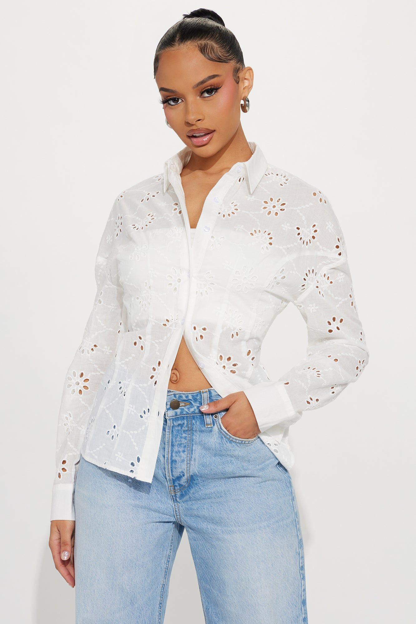 Katie Eyelet Shirt - White sold by Fashion Nova
