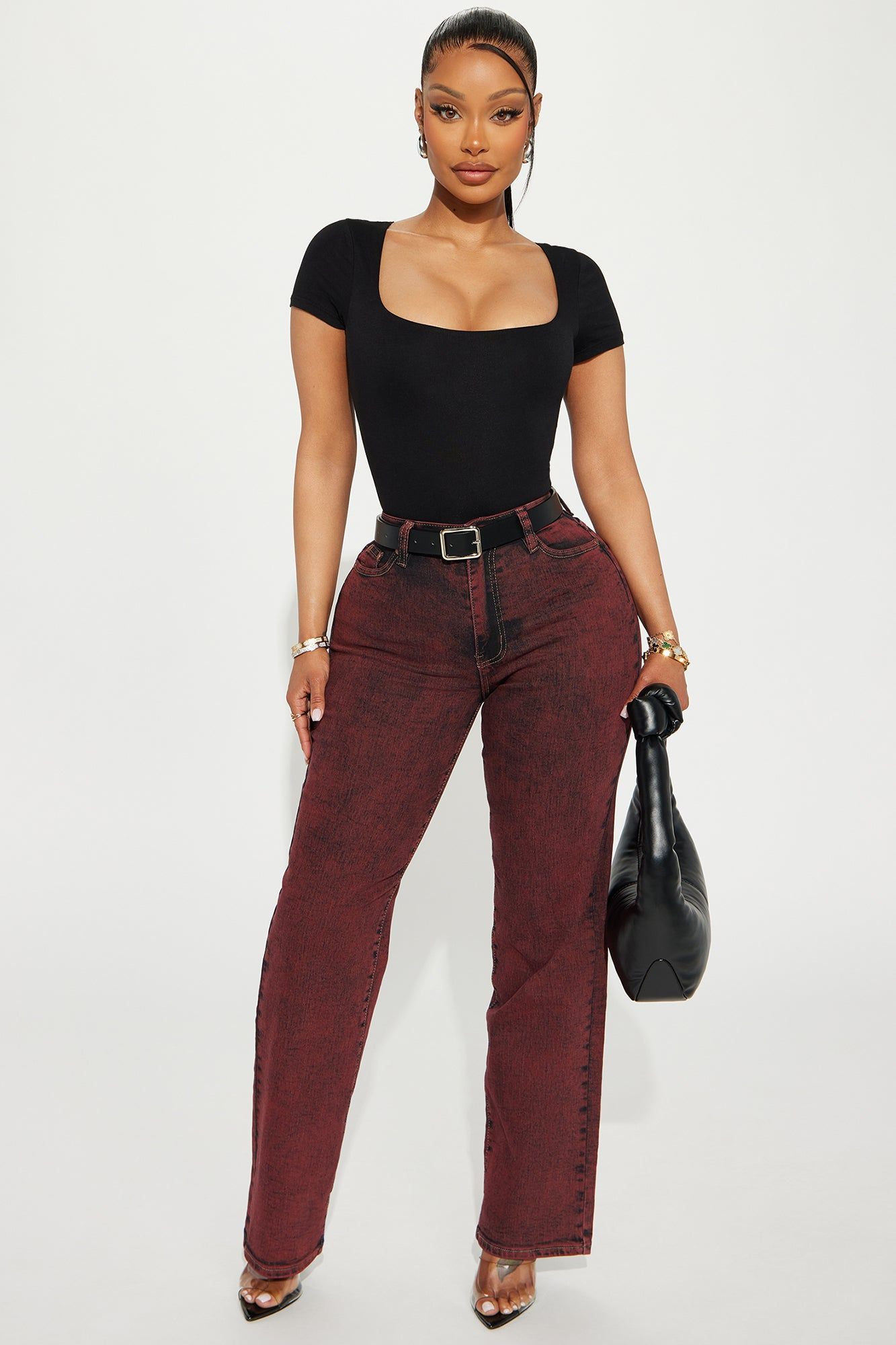Candid Acid Wash Stretch Straight Leg Jeans - Red sold by Fashion Nova