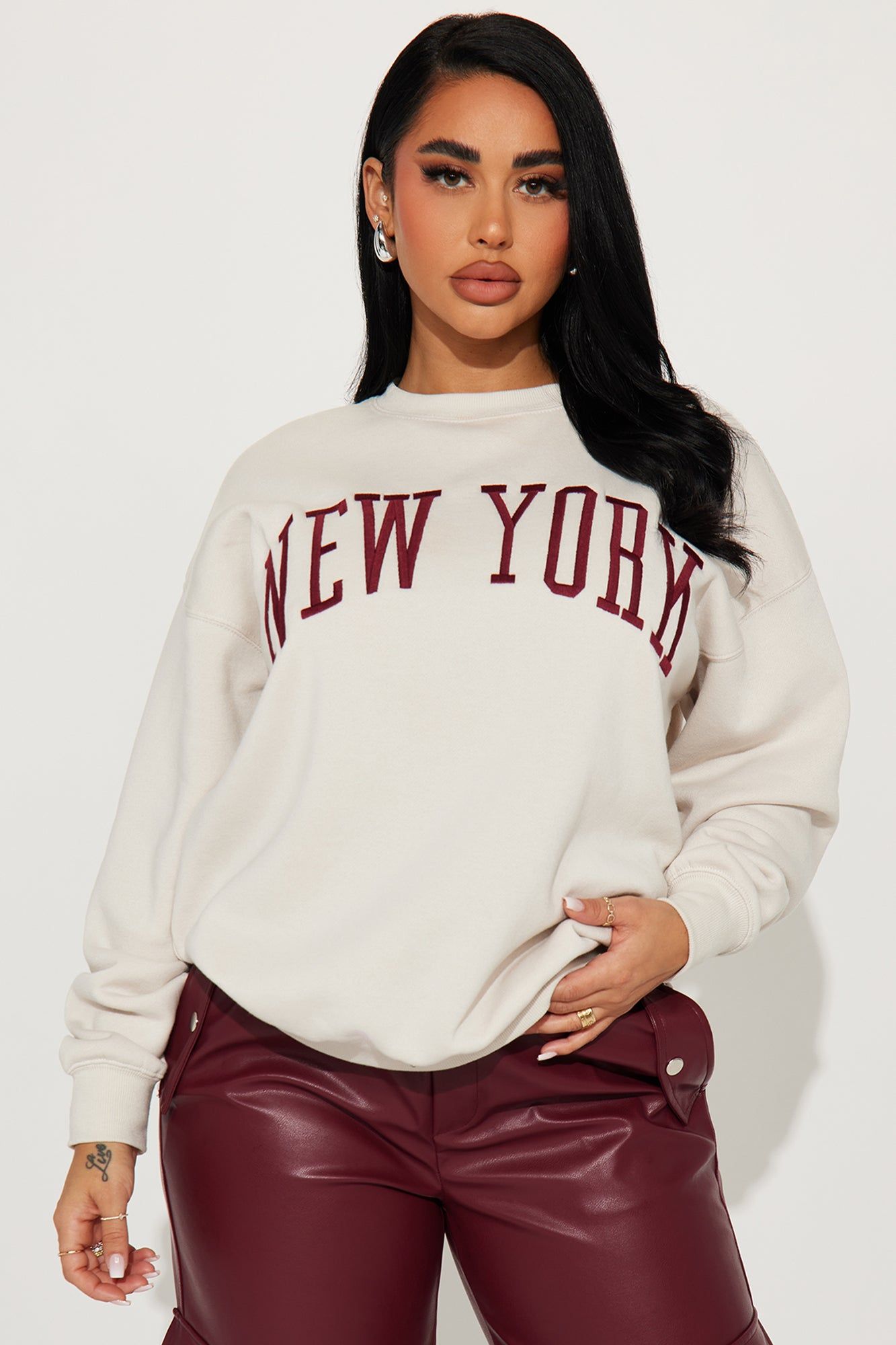 New York Embroidered Screen Sweatshirt - Beige sold by Fashion Nova