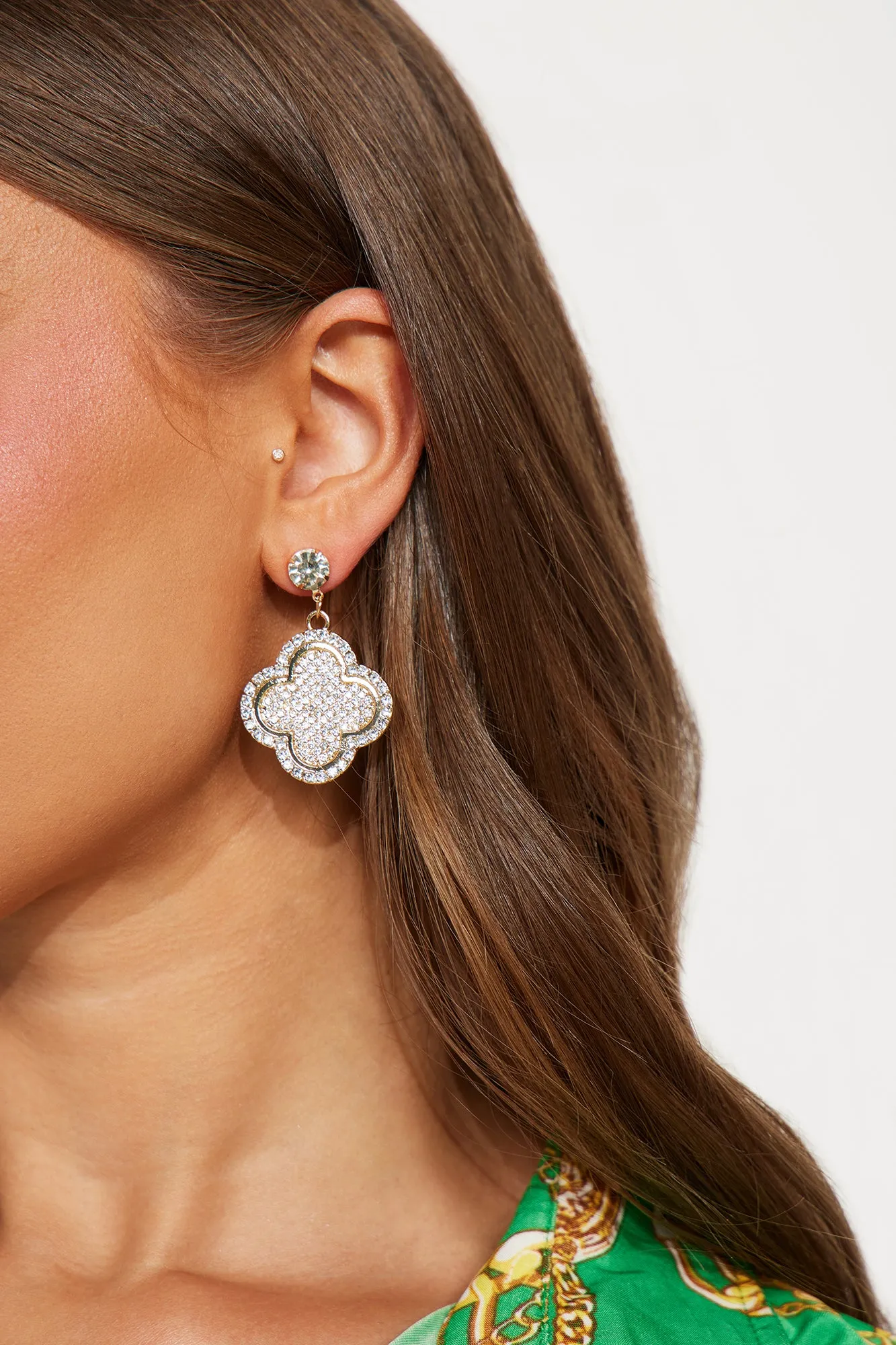 Clover Rhinestone Earrings - Gold sold by Fashion Nova