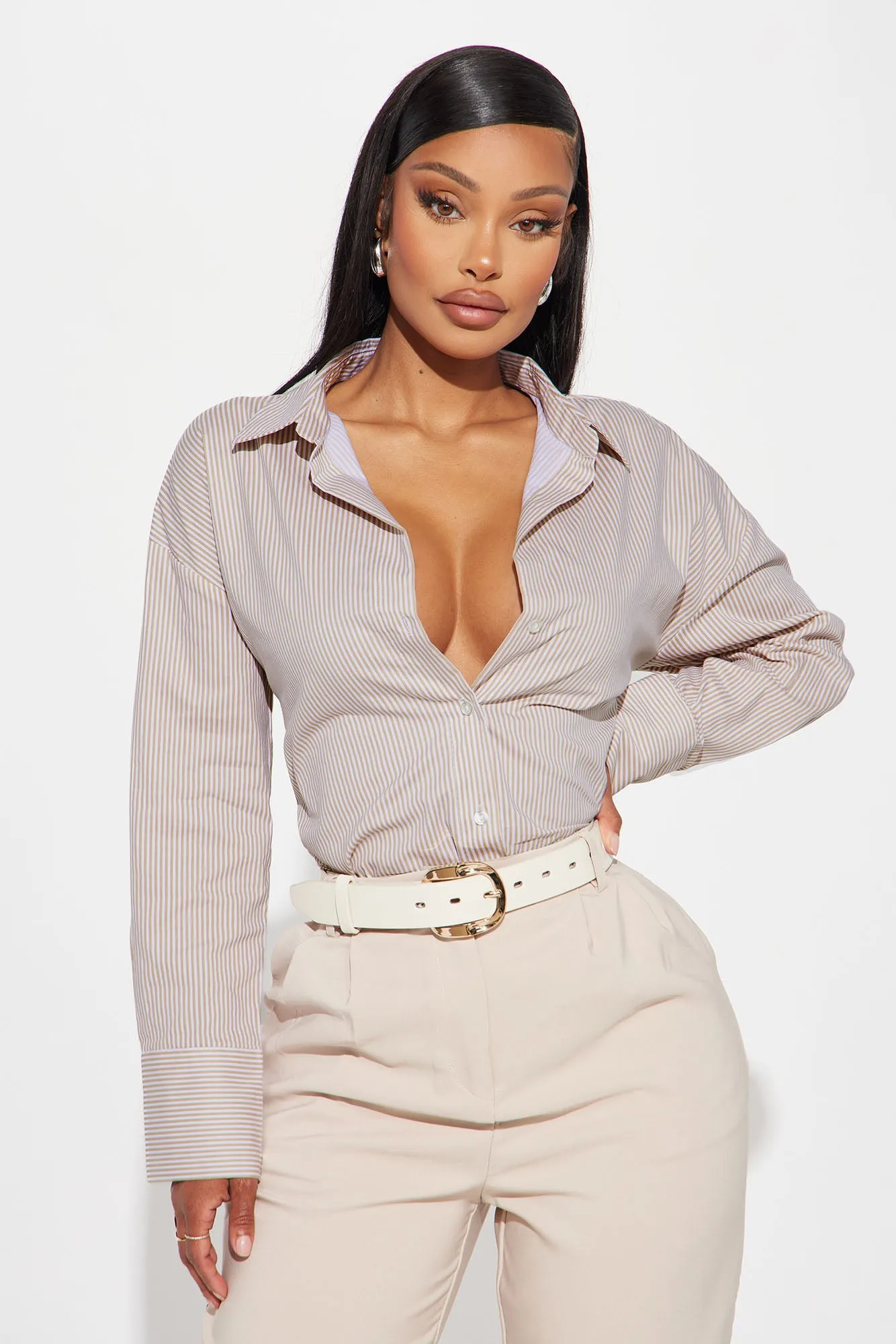 Sun's Out Striped Poplin Shirt - Khaki/combo sold by Fashion Nova