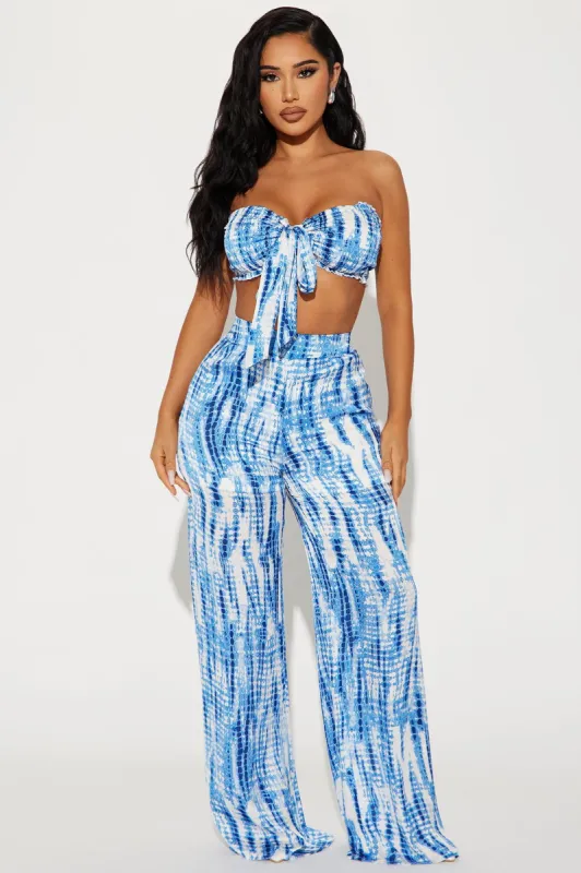 Leana Satin Pant Set - Blue/combo sold by Fashion Nova