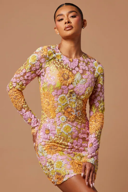 Gracie Sequin Embroidered Mini Dress - Orange/combo sold by Fashion Nova