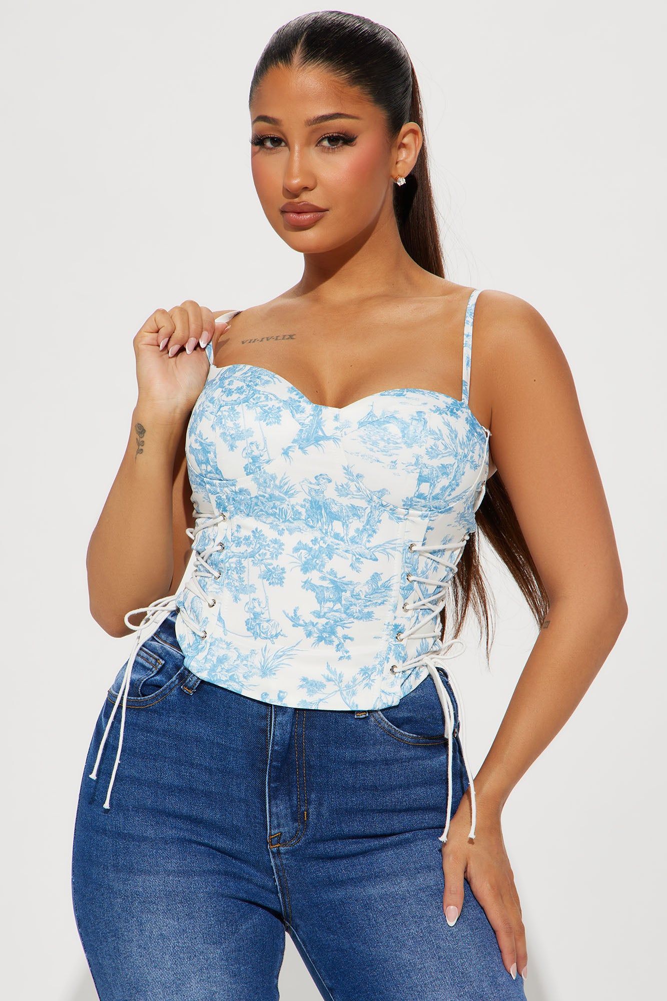 Spring Dream Corset Top - Blue/combo sold by Fashion Nova