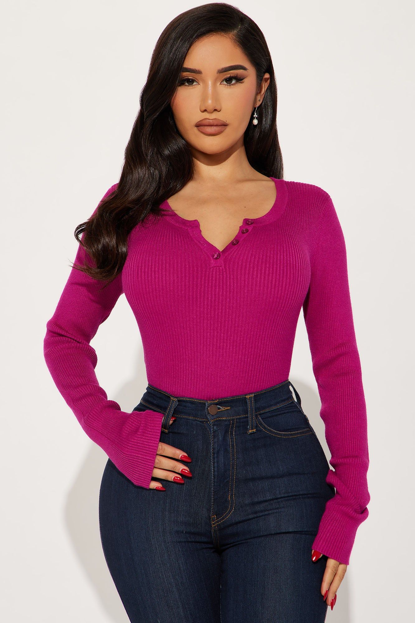 Shel Henley Sweater - Fuchsia sold by Fashion Nova