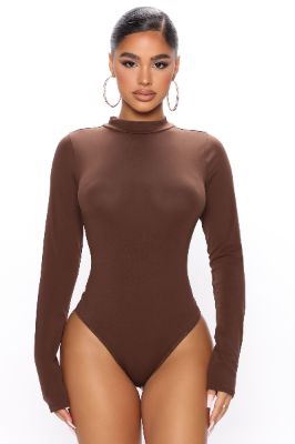 Melanie Mock Neck Bodysuit - Chocolate sold by Fashion Nova