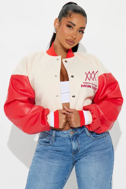 Mon Cheri Cropped Varsity Jacket - Taupe/combo sold by Fashion Nova